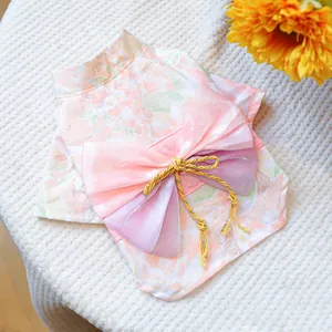 Pink floral pet kimono for dogs and cats with purple gradient bow and gold tassels