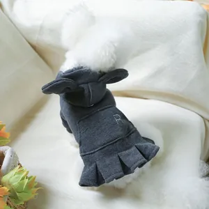 Dark grey pet hoodie dress with rabbit ears and letter R embroidery for small dogs