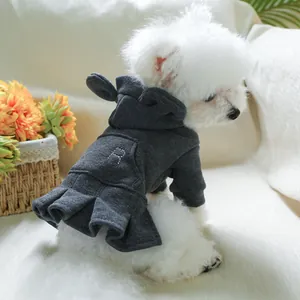 Detail of dark grey dog hoodie dress featuring bunny ears and letter A embroidery