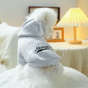 Close-up of gray cotton blend pet hoodie with Newyork print for small dogs and cats