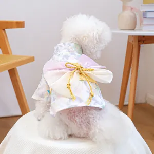 Floral pet kimono with lavender patterns and a pink organza bow for small dogs