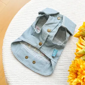 Detail showing light blue pet denim vest with vintage metal buttons and clear texture