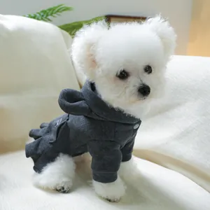 Detail of grey pet hoodie dress with cute ear hood and delicate ruffled hem design