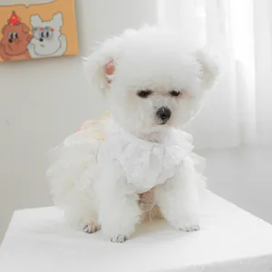 Nahaufnahme des weißen Spitzen-Haustierkleids, mehrlagiger Tüll-Tutu-Hochzeitsrock für Hunde.
