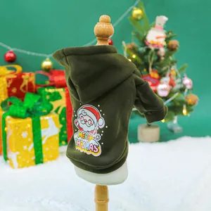 Detail of dark green pet Christmas hoodie with Santa graphic on a wooden mannequin