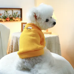 Yellow pet hoodie with D-ring for small dogs made of soft cotton, shown on white Bichon