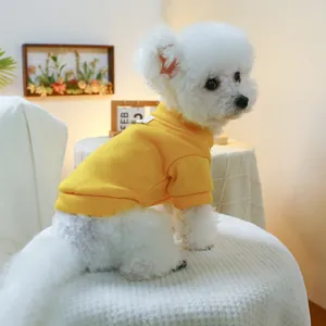 Yellow pet sweater with metal D-ring for leash attachment on small white dog