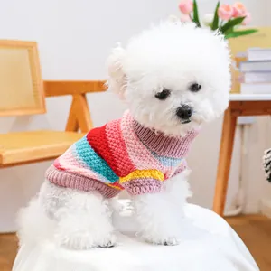 Macro detail of colorful striped pet knit sweater with soft texture for small dogs
