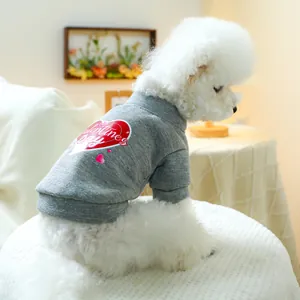 Detail eines grauen Haustier-Pullovers mit rotem Valentinstags-Herzprint auf einem kleinen Hund
