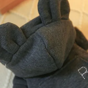 Detailed macro view of dark grey pet hoodie featuring bear ears and white stitched letter R