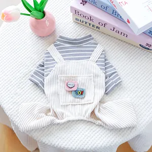 Detail of gray striped pet jumpsuit with corduroy overalls and cute TOY embroidery