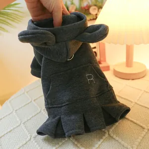 Detail of dark grey pet hoodie with 3D ears and R embroidery for dogs and cats