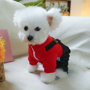Detail of red hooded pet jumpsuit with black suspenders on a white dog for winter
