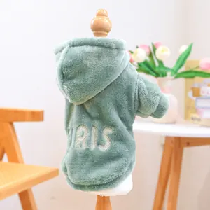 Détail d'un sweat à capuche vert pour animal avec broderie PARIS blanche sur mannequin