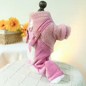 Pink pet jumpsuit with fleece top, corduroy pants, and shiny heart detail for dogs