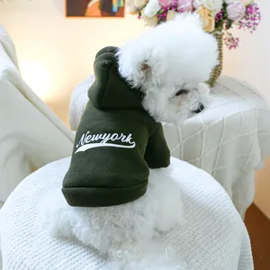 Close-up of white Bichon dog wearing a dark green Newyork printed pet hoodie sweatshirt