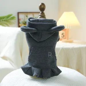 Dark grey pet hoodie dress with cute ear hood and letter R embroidery detail