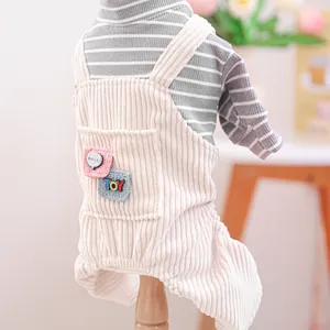 Close-up of pet corduroy overalls with a small pocket and cute bear knitted labels