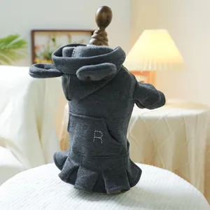 Detail of dark grey pet dress with bear-ear hood and embroidered letter R pocket