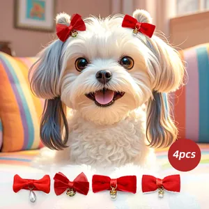 Set of 4 red pet hair clips with bows, pearls and bells for small dogs or cats
