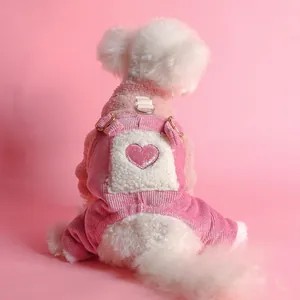 Pink Pet Dog Warm Winter Jumpsuit Sherpa Lamb Wool Corduroy Overall Outfit Sequin Heart Pattern Metal D-Ring For Small Dogs Cats