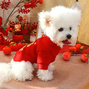 Close-up of red pet sweatshirt with gold Lucky embroidery and festive New Year patterns