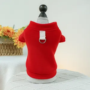 Detail of red pet sweatshirt with built-in stainless steel D-ring for leash attachment