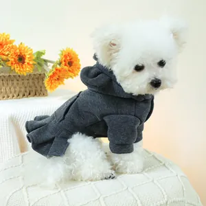 Detailed view of grey hooded pet dress with pleated skirt and back pocket for small dogs