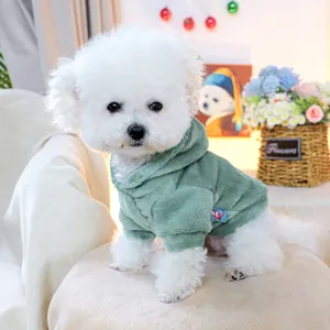 Gros plan d'un chien Bichon portant un sweat à capuche vert pour animaux en polaire