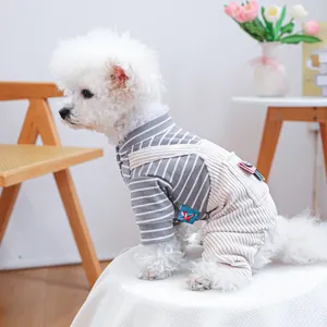 Striped pet knit sweater and beige corduroy overalls set for small dogs and cats