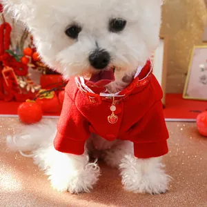Detail of red festive pet jacket with golden Fu pendant and textured fabric for dogs