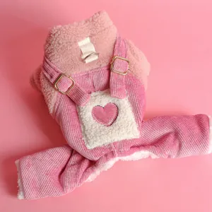 Pink corduroy pet jumpsuit with sequin heart and warm fleece lining for dogs and cats