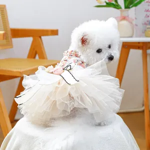 Exquisite white pet princess dress with layered mesh skirt and floral embroidery details