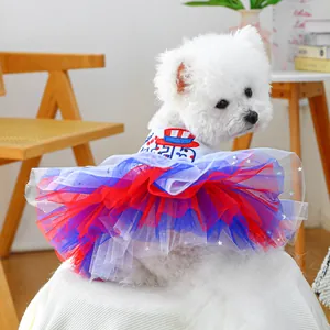 Pet Independence Day Dress Stars Mesh Tutu Dog Dress Patriotic Red White Blue Puppy Clothing For Small Medium Dogs