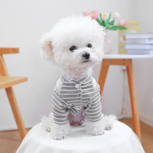 Grey and white striped cotton knit dog sweater for small pets with white button detail