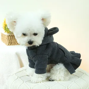 Dark grey pet hoodie dress for small dogs featuring a tiered skirt and soft cotton fabric