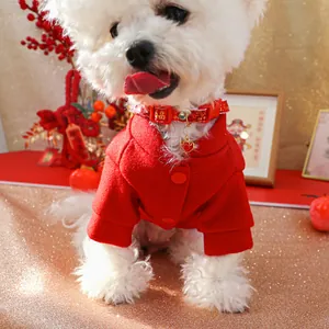Festive red pet jacket with Mandarin collar and lucky fortune collar for dogs and cats
