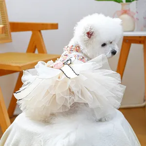 Elegant Pet Dog Princess Dress Lace Mesh 3D Flower Artificial Pearl Bow Houndstooth Plaid Puppy Cat Vest Party Clothing Apparel