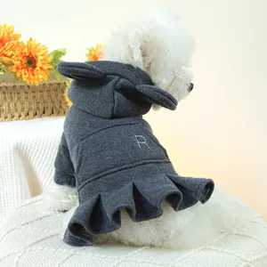 Pet Dog Cat Hoodie Dress Dark Grey Knitted Bear Ear Pleated Skirt Puppy Apparel With Pocket Letter R Embroidery Warm Outfit