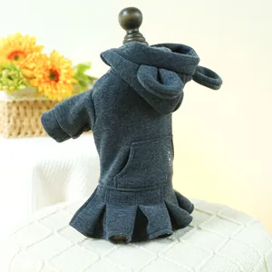 Detail of dark grey pet hoodie dress with cute bear ears and stylish pleated hem