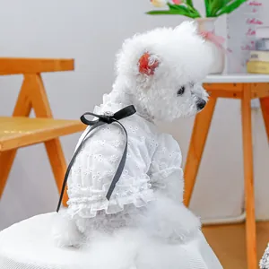 Detailed embroidery and ruffle lace on white pet shirt with a black bow and faux pearls
