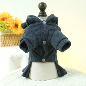 Front detail of dark grey hooded pet sweater with three buttons and soft knit texture