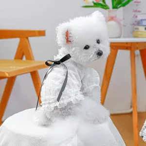 French Style Lace Pet Shirt Floral Embroidery Hollow Out Dog Shirt With Bowknot Artificial Pearl For Small Dogs Cats Puppy Clothes