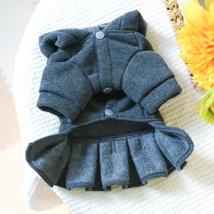 Detail of dark grey pet hoodie dress with button closure and pleated hemline decor