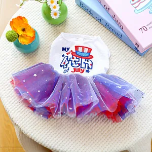 Detail of pet summer dress with mesh tutu and 4th of July star sequins design