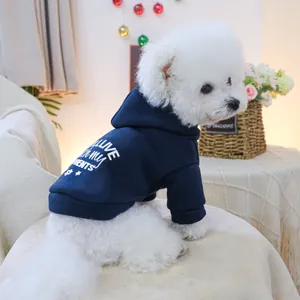 Dettaglio di un piccolo cane bianco che indossa una felpa blu scuro con stampa bianca