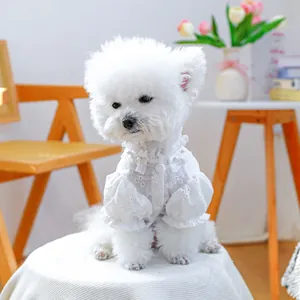 Detail of white hollow lace pet shirt with puffed sleeves and pearl collar for small dogs