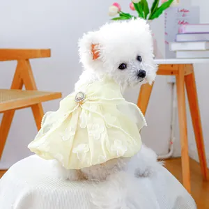 Floral yellow pet dress with pearl chain and rhinestone for small dogs and cats