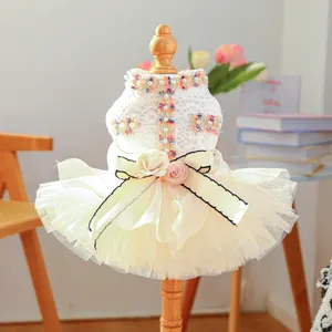 White lace pet princess dress with 3D flower and pearl details for small dogs