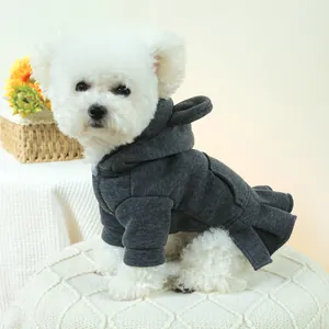 Charcoal grey hooded dog dress in thick cotton fabric for small pets on white Bichon